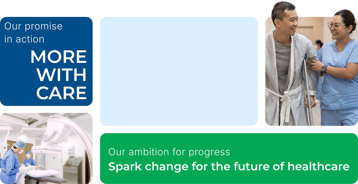 The HMI Spark: four chevrons coming together, beside the words More with Care and Spark change for the future of healthcare, with photos of our care teams and patients